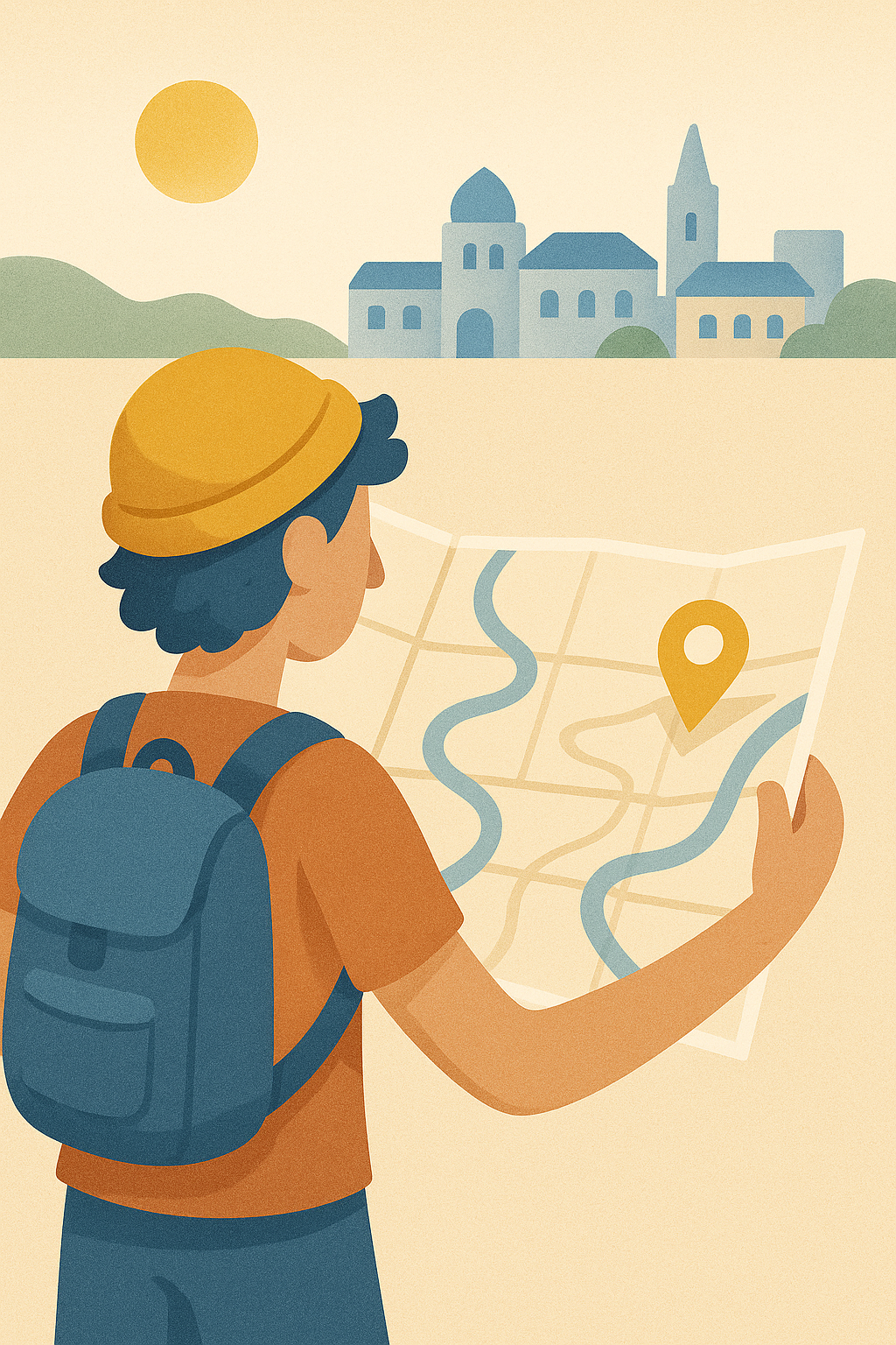 Traveler looking over a city map with plenty of blank space for discovery