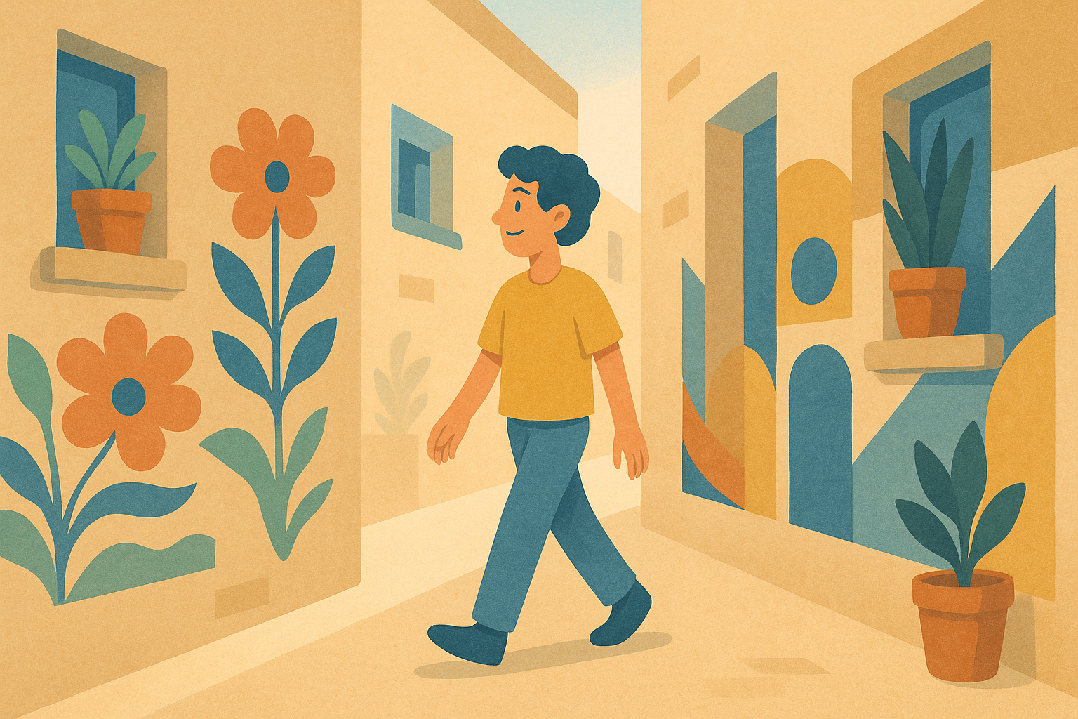 Person strolling through a sunlit alley while exploring slowly