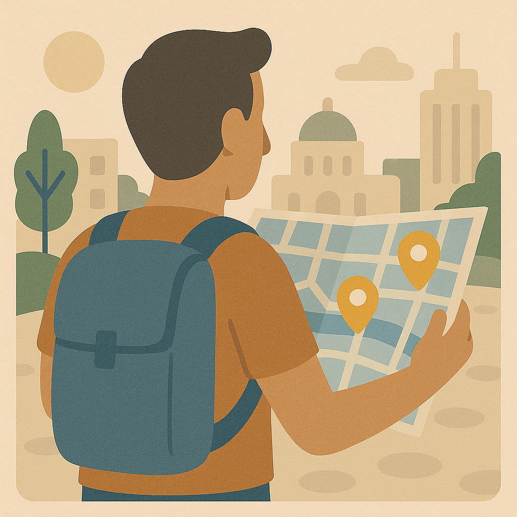 Traveler with a city map highlighting favorite local spots
