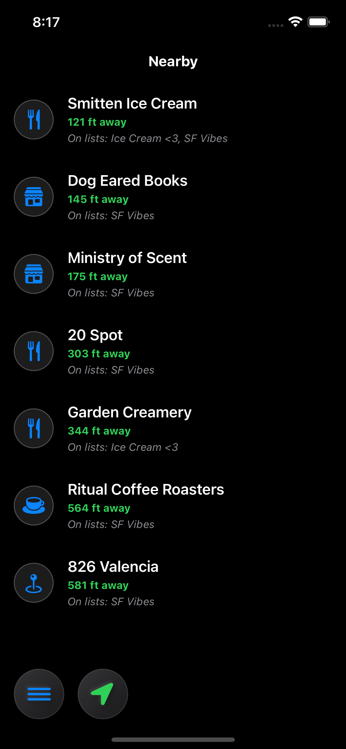 Side Quests app showing nearby places sorted by distance