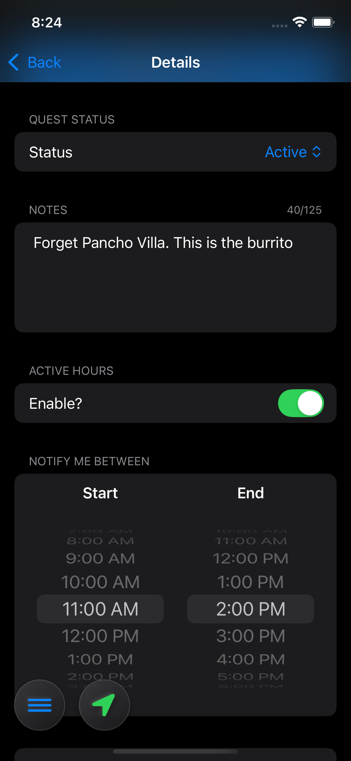 Side Quests app showing notification time settings